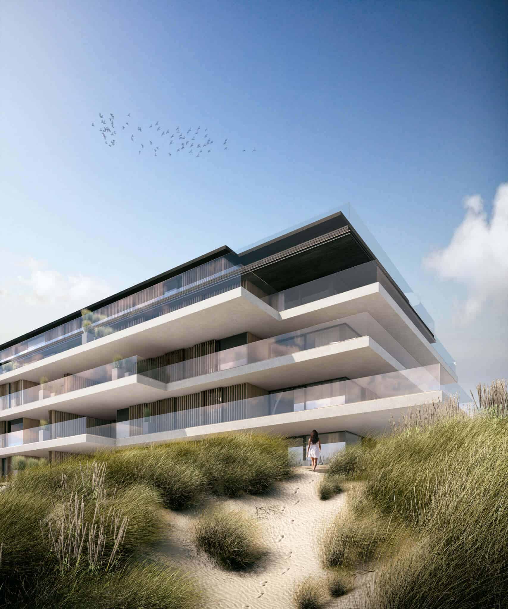 interieurarchitect Stan van den Wildenberg ontwerpt appartement in Blanke Top van Groep Versluys in Cadzand aanzicht hoek vanaf strand van architect Govaert & Vanhoutte
