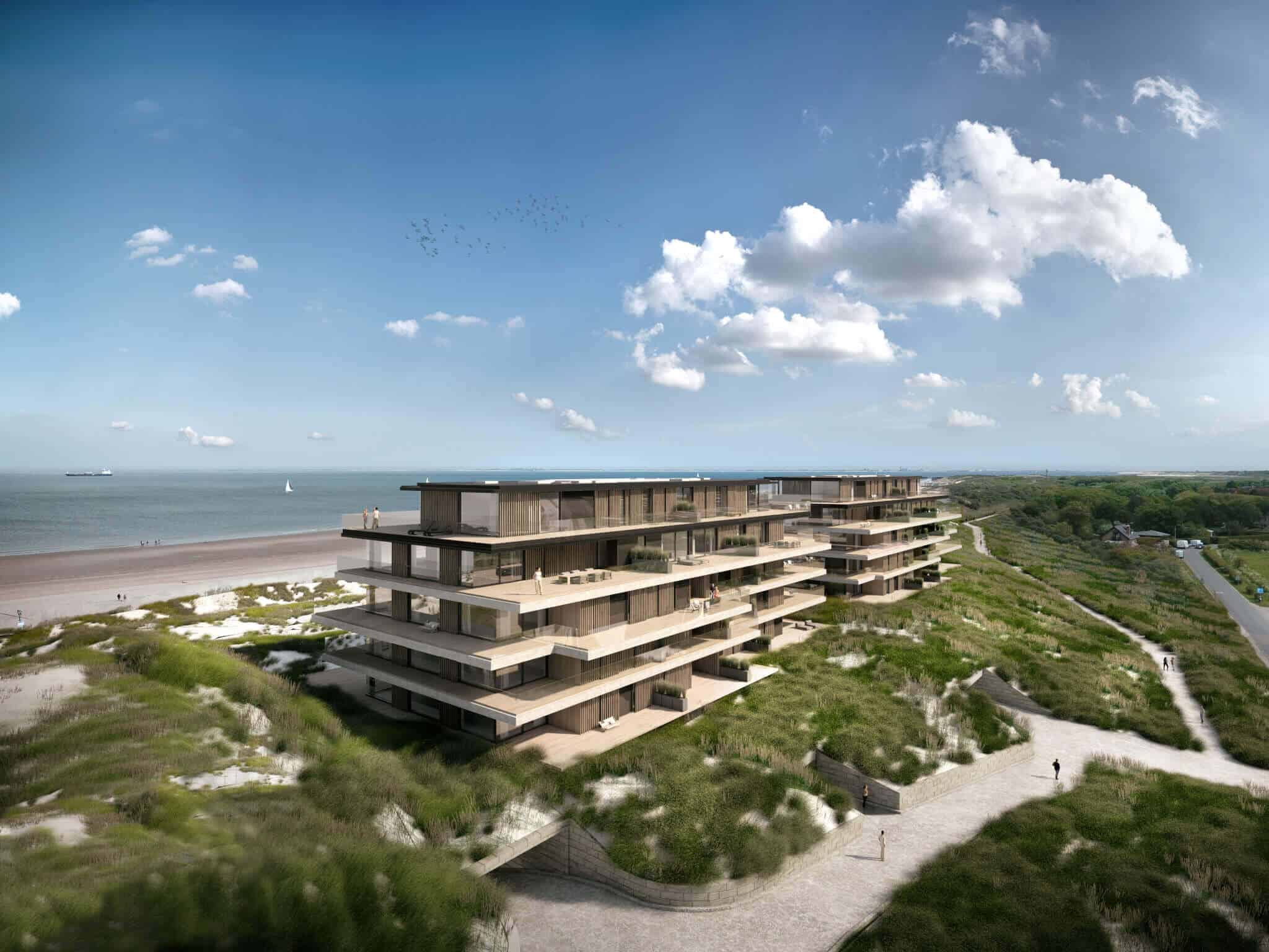 interieurarchitect Stan van den Wildenberg ontwerpt appartement in "Blanke Top" van Groep Versluys in Cadzand vanuit de lucht van architect Govaert & Vanhoutte