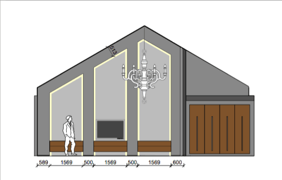 interieurarchitect Stan van den Wildenberg SCHETS aanzicht ontwerpt interieur voor loft appartement met tv meubel van Mentofix en indirecte verlichting Prinsen Bouw en bank